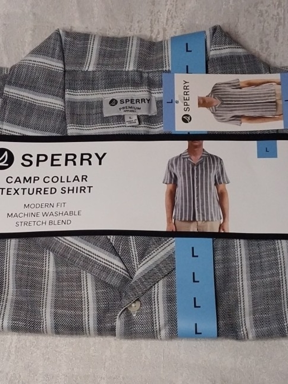 Sperry Men's Gray Blue and White Vertical Stripe Camp-Collar Shirt